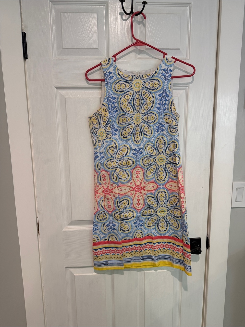 London Times Sleeveless Medallion Print Midi Dress in Blue, Yellow, and Coral
